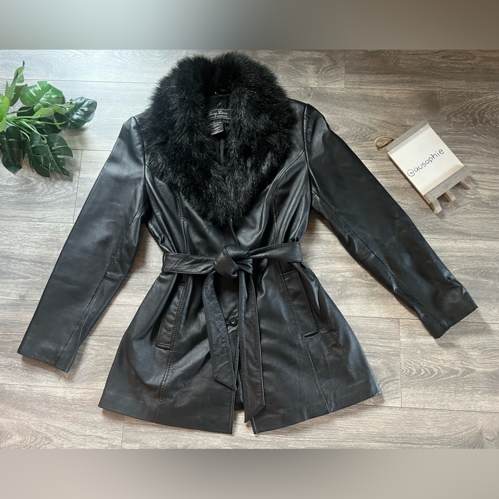 Terry Lewis Classic Luxuries Black Leather Belted Trench Coat Faux Fur Collar M